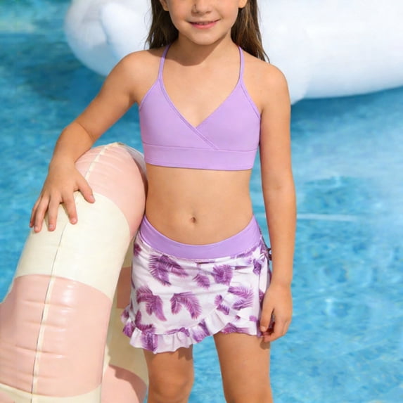DAETIROS Girls 2 Piece Swimsuit Set Modest High Waisted Bikini with Ruffle Skirt Cover Up Soft Comfortable 3-Piece Convertible Purple Swimsuit for Kids 8-15 Years,Size 12-13T