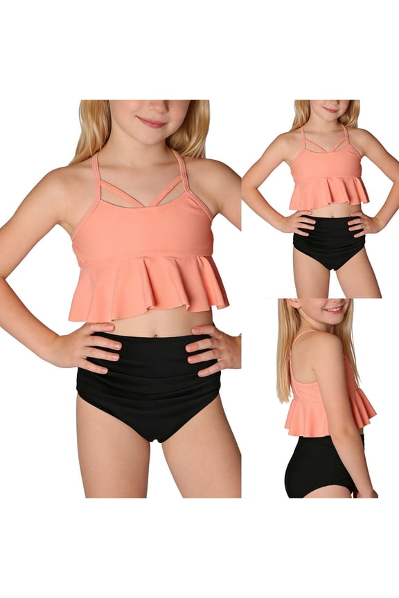 Girls 2 Piece Swimsuit Set Pink Ruffle Bikini with Skirt, Soft Cotton Blend & Lace Trim, UPF 50+ Sun Protection,Size 7-8T
