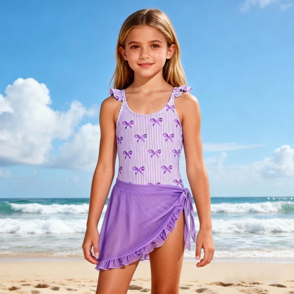 DAETIROS Girls' 2 Piece Swimsuit Set with Skirt, Purple Bow Print Ruffle Swimsuit & Cover Up for Beach Pool, Ages 4-7,Size 5 T