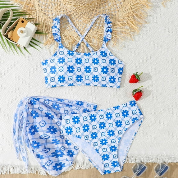 DAETIROS Girls 3-Piece Blue Floral Plaid Bikini Set with Ruffle Cross Back and Mesh Cover Up for Kids 6-14 Years, Size 9-10 Years