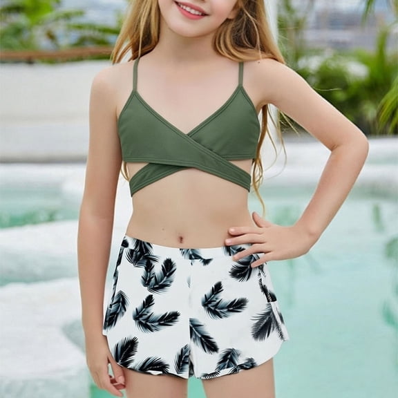 DAETIROS Girls 3 Piece Swimsuit Set Army Green Cross Front Top & Feather Print Boyshorts Quick Dry Swimwear for Kids 8-9 10-11 12-14 Years,Size 10-11 T