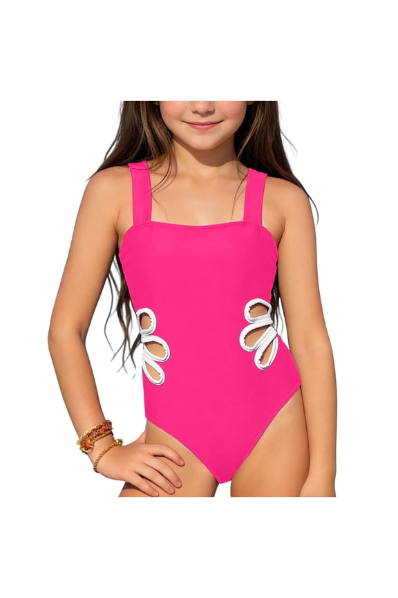 Girls Bathing Suit One Piece Hot Pink, Quick Dry Swimwear with Side Cut Outs for Kids Teens, Chlorine Resistant Sizes 6-14,Size 5-6T