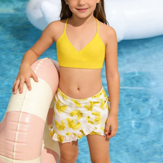 DAETIROS Girls Bikini Set with Cover Up, High Waisted 2 Piece Swimsuit & Ruffle Skirt, Modest Swimwear Outfit for Kids Girls 8-15 Years, Yellow,Size 10-11T