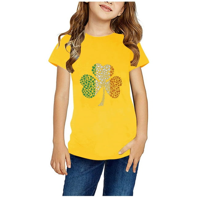 DAETIROS Girls Clover Print T-shirt for St. Patrick's Day, Graphic Tee ...