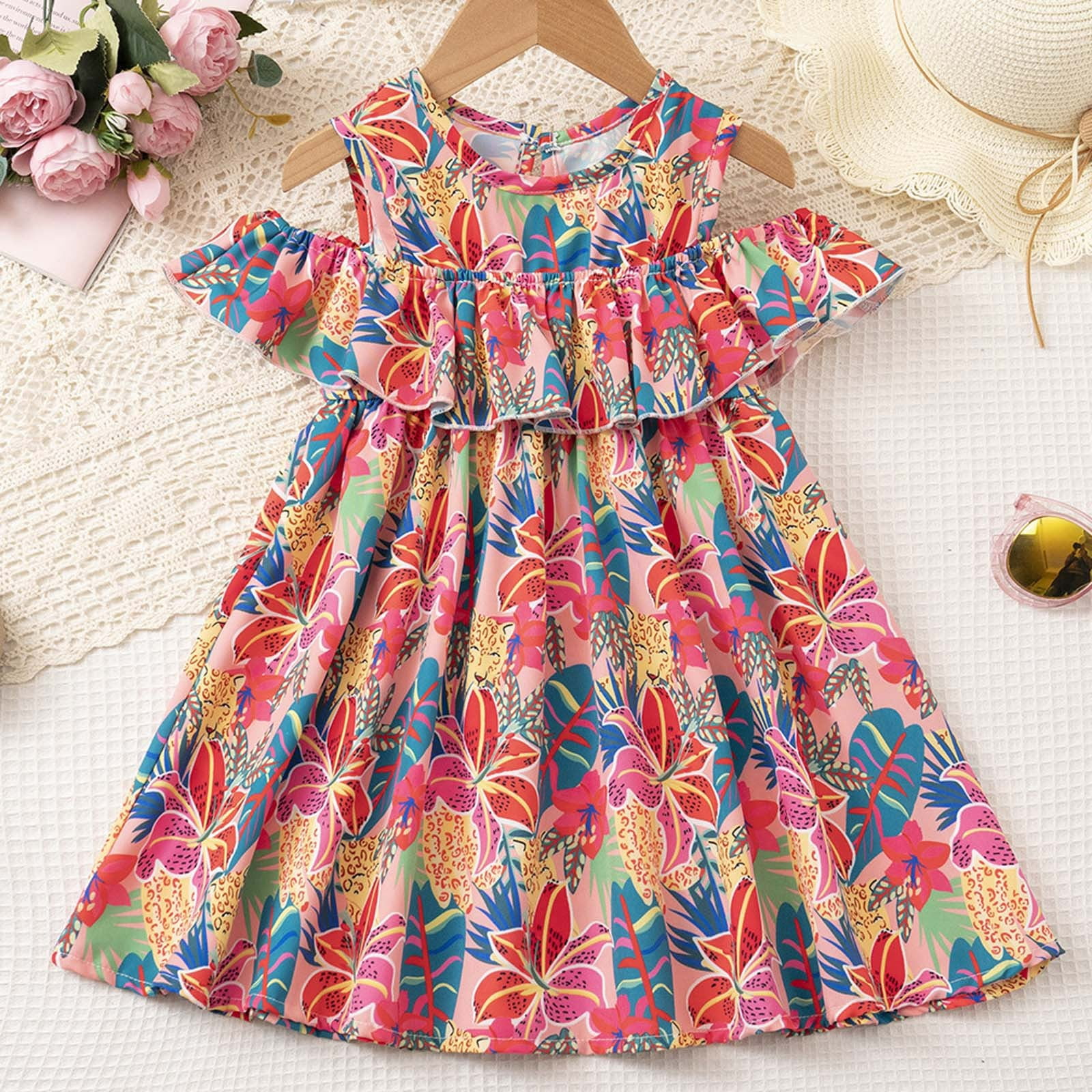 DAETIROS Girls Cold Shoulder Floral Dress Multicolor Tropical Ruffle ...