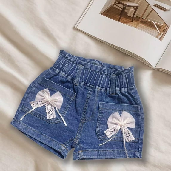 DAETIROS Girls Cotton Denim Shorts with Lace Bow High Waisted Ruffle Waist Kids & Little Girl Blue,Size 2-3T