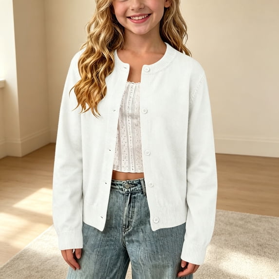 DAETIROS Girls Cotton Knit Cardigan Button Front Crew Neck Long Sleeve Solid Basic School Uniform Sweater