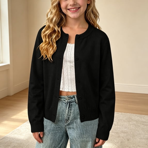 DAETIROS Girls Cotton Knit Cardigan Button Front Crew Neck Long Sleeve Solid Basic School Uniform Sweater