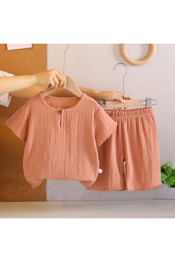 Girls Cotton Linen Short Set | 2-Piece Henley Top & Elastic Waist Shorts | Breathable Summer Outfit, Play Clothes & Loungewear for Girls 1-6 Years | Watermelon Red,Size 2-3T