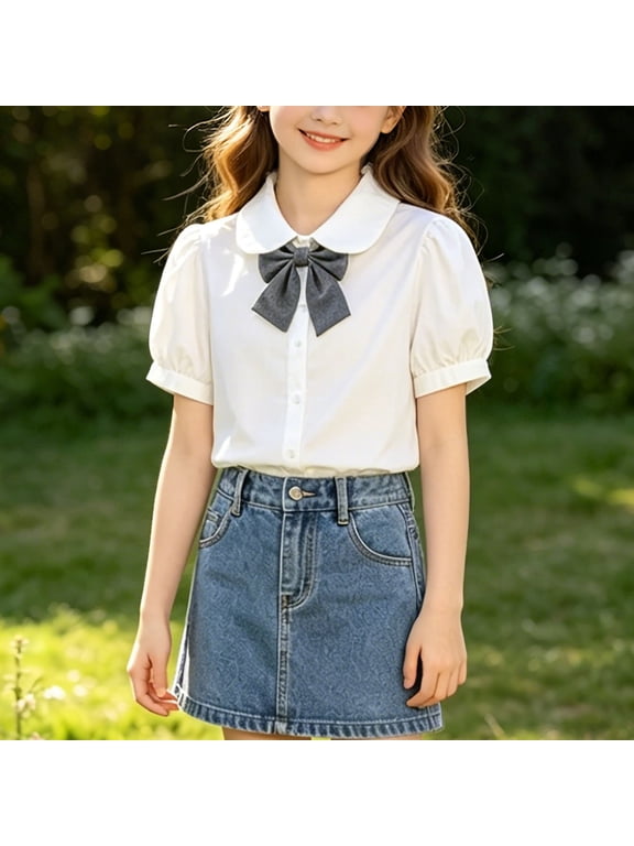 Girls Cotton Puff Sleeve Blouse - Peter Pan Collar Button Front School Uniform Top with Bow, White,Size 11-12 T