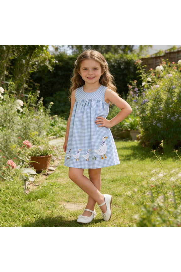 Girls Cotton Sleeveless Gingham Duck Embroidered A-Line Summer Casual Dress for Kids Little Girls 2-8 Years Blue,Size 6-7 T