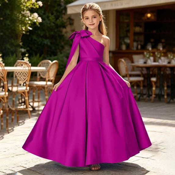 DAETIROS Girls Dark Blue Satin One Shoulder A-Line Floor Length Formal Pageant Bridesmaid Dress with Bow,Size 7-8T