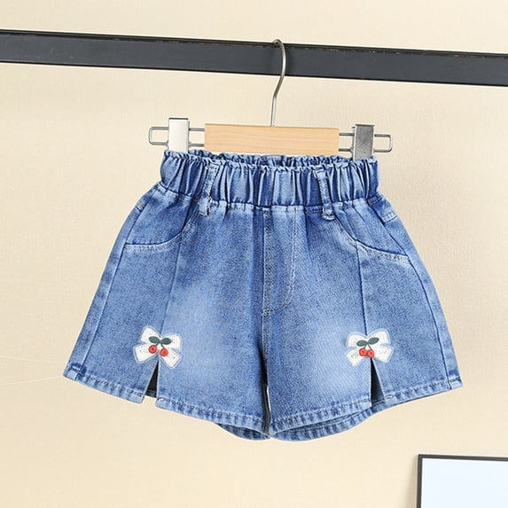 DAETIROS Girls Dark Wash High Rise Denim Shorts with Cherry Embroidery Side Slit Elastic Pull-On Shorts for Kids Little Kids 2-7 Years with Pockets,Size 3-4 T