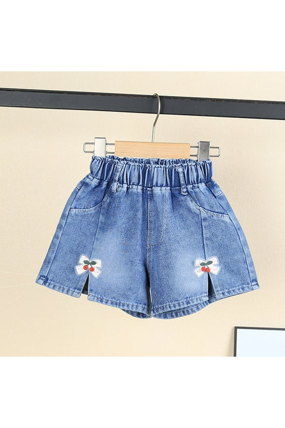 Girls Dark Wash High Rise Denim Shorts with Cherry Embroidery Side Slit Elastic Pull-On Shorts for Kids Little Kids 2-7 Years with Pockets,Size 5-6 T