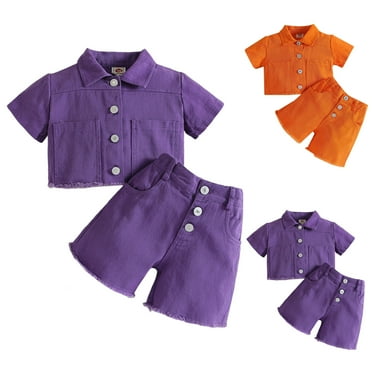 DAETIROS Girls Denim Outfit Sets-Comfy Cotton Casual Collared Short Sleeve Top and Shorts 2PC Kids Clothes Set Purple Size 1-7