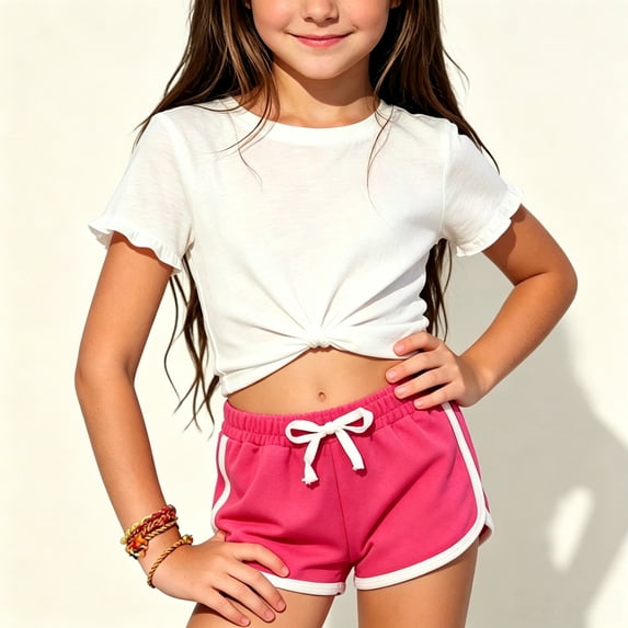 DAETIROS Girls Drawstring High Waist Shorts – Solid Color Elastic Waist Casual Athletic Shorts – Summer Lounge Sport