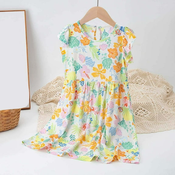 DAETIROS Girls Dresses,Cotton Cute Round Neck Floral Casual Sleeveless Girls Summer Dress Yellow Size 6 T
