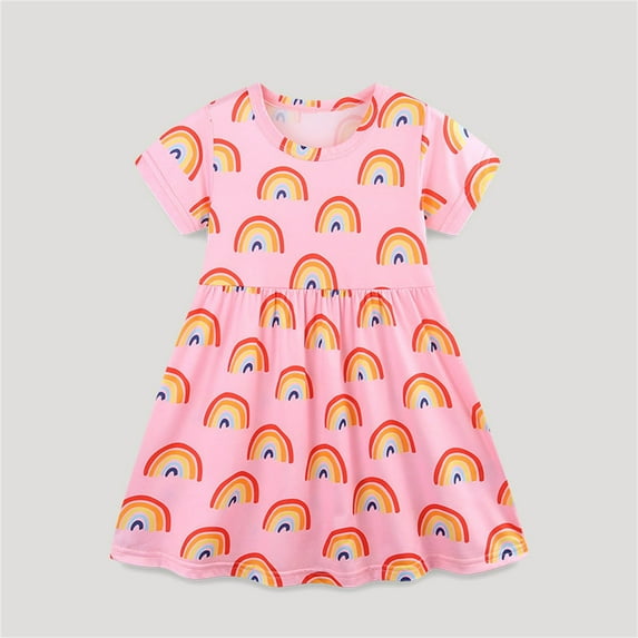 DAETIROS Girls Dresses,Cotton Cute Short Sleeve Floral Casual Round Neck Girls Summer Dress Pink Size 7 years