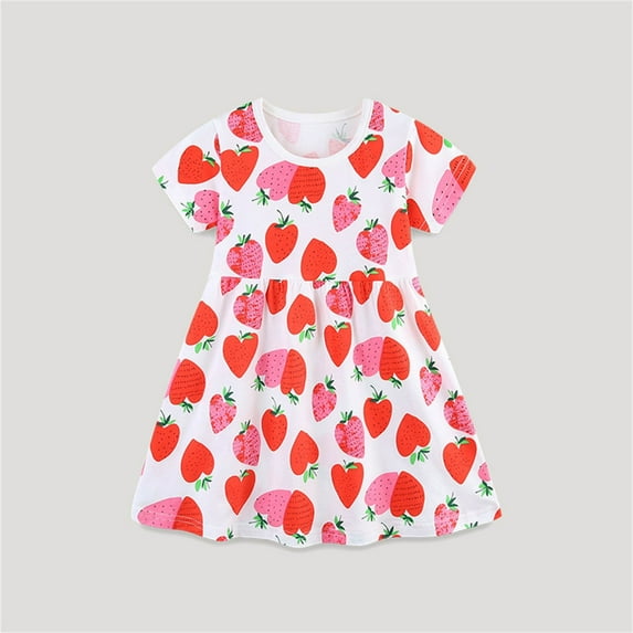 DAETIROS Girls Dresses,Cotton Floral Cute Round Neck Short Sleeve Casual Girls Summer Dress Red Size 3 years