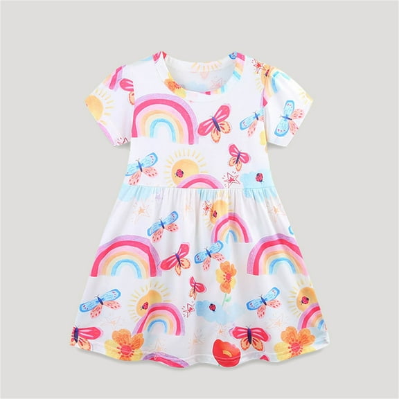 DAETIROS Girls Dresses,Cotton Floral Short Sleeve Round Neck Cute Casual Girls Summer Dress White Size 5 years