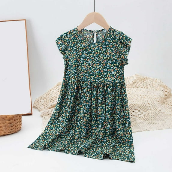 DAETIROS Girls Dresses,Cotton Sleeveless Floral Casual Round Neck Cute Girls Summer Dress Green Size 6 T