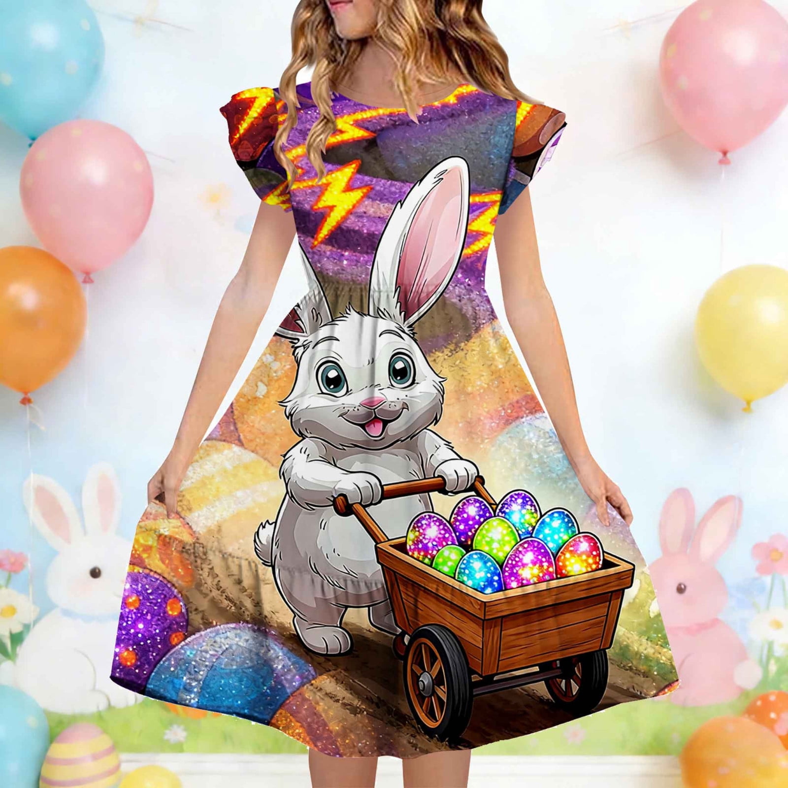 DAETIROS Girls Easter Bunny Dress Multicolor A-Line Ruffle Sleeve Soft ...