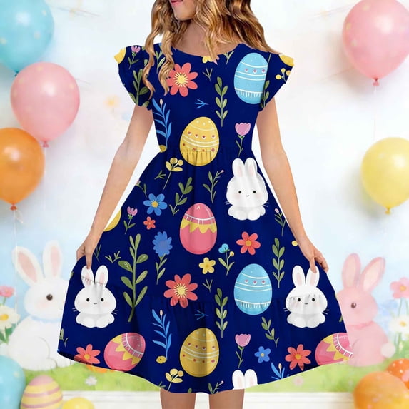 DAETIROS Girls Easter Dress Bunny Rabbit Easter Egg Floral Print Ruffle Sleeve Tiered Skirt A-Line Spring Church Birthday Party Dress Soft Comfortable Sizes 5-14 Years,Size 13 T