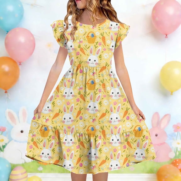DAETIROS Girls Easter Dress Bunny Rabbit Print Ruffle Sleeve Tiered A-Line Soft Comfortable Yellow Spring Party Dress,Size 5 T