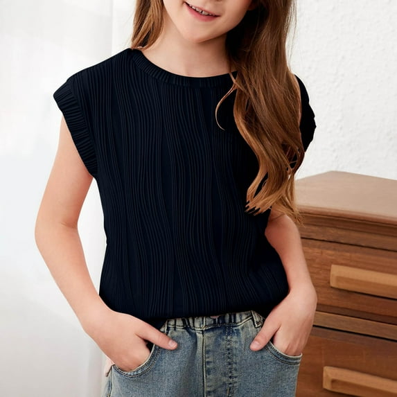 DAETIROS Girls Fashion T Shirt, Comfy Soft Crewneck Solid Cute Short Sleeve Girls Summer Top Black Size 4T