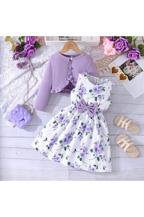 Girls Floral Dress Set 2-Piece with Ruffled Cardigan Boutique Matching Outfit for Kids to Kids Easter Spring Party Purple Size 100-150,Size 10-11T