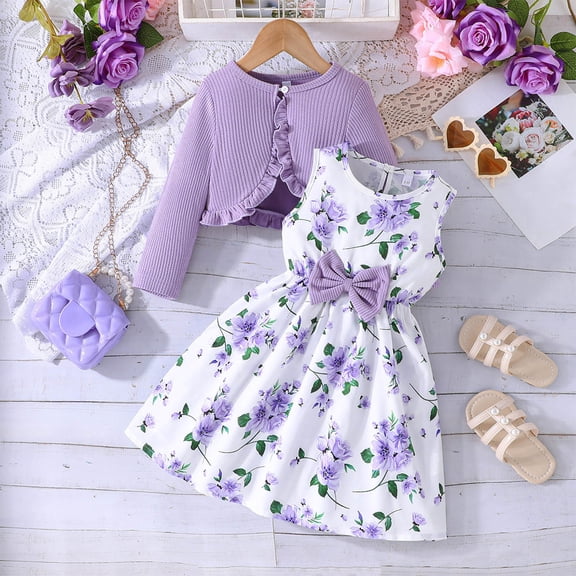 DAETIROS Girls Floral Dress Set 2-Piece with Ruffled Cardigan Boutique Matching Outfit for Kids to Kids Easter Spring Party Purple Size 100-150,Size 4-5T