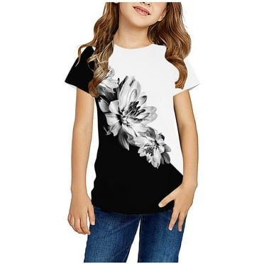 DAETIROS Girls Flower Print Shirt, Short Sleeve Crew Neck Casual Holiday Graphic Tee White Size 7-8 T