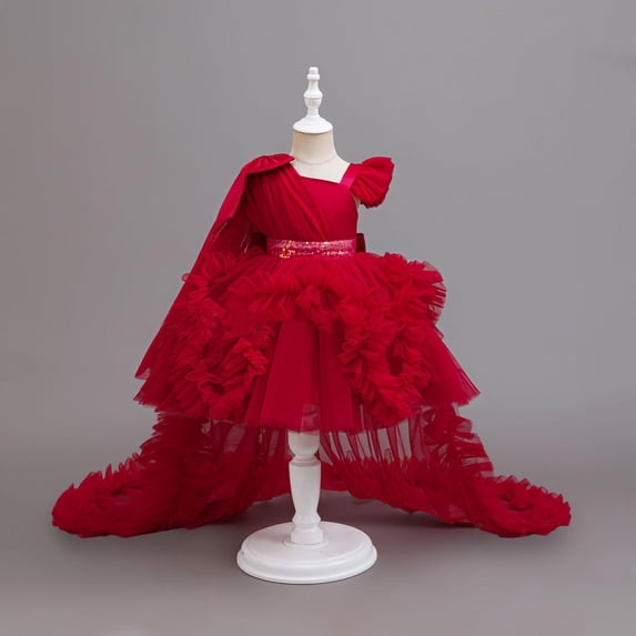 DAETIROS Girls Formal Flower Girl Dress One Shoulder Princess Party Dress with Sparkly Tulle & Ruffled Train for Kids, Wine,Size 5-6T