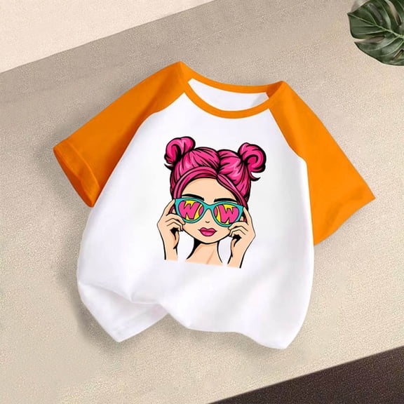 DAETIROS Girls Graphic T-Shirt, Soft Cotton Comfy Casual Crewneck Short Sleeve Cute Girls Summer Top Orange Size 14 T