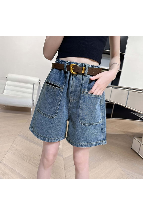 Girls High Waisted Denim Bermuda Shorts with Belt - Stretchy Elastic Waist Casual Jean Shorts - Medium Wash Blue - Sizes 7-15,Size 9-10 T