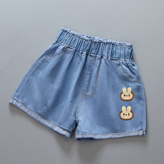 DAETIROS Girls Jean Shorts, Summer Fashion Cotton Casual Graphic Cute Pull-On Lounge Shorts Blue Size 6-7Years