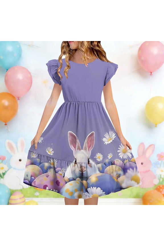 Girls Kids Easter Bunny Dress Ruffle Sleeve A-Line Soft Flowy Party Spring Casual Multicolor,Size 5 T