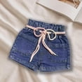 thumbnail image 1 of DAETIROS Girls Kids High Waisted Denim Shorts, Adjustable Drawstring Bow, Front Pockets, Rolled Cuff, Dark Wash Blue, Elastic Pull On, Sizes 1-8 Years,Size 1-2T, 1 of 5