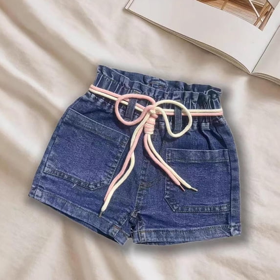 DAETIROS Girls Kids High Waisted Denim Shorts, Adjustable Drawstring Bow, Front Pockets, Rolled Cuff, Dark Wash Blue, Elastic Pull On, Sizes 1-8 Years,Size 1-2T