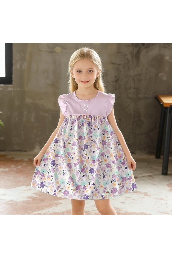 Girls Kids Kids Floral Dress Purple Lavender A-Line Pullover Cap Sleeve Ruffled Casual Spring Summer,Size 6-12 Months