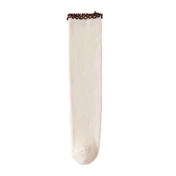 DAETIROS Girls Knee High Socks 100% Cotton Ruffle Lace Trim Soft Breathable Seamless Toe for 7-9 Years School Uniform Party Beige,Size 6-14T