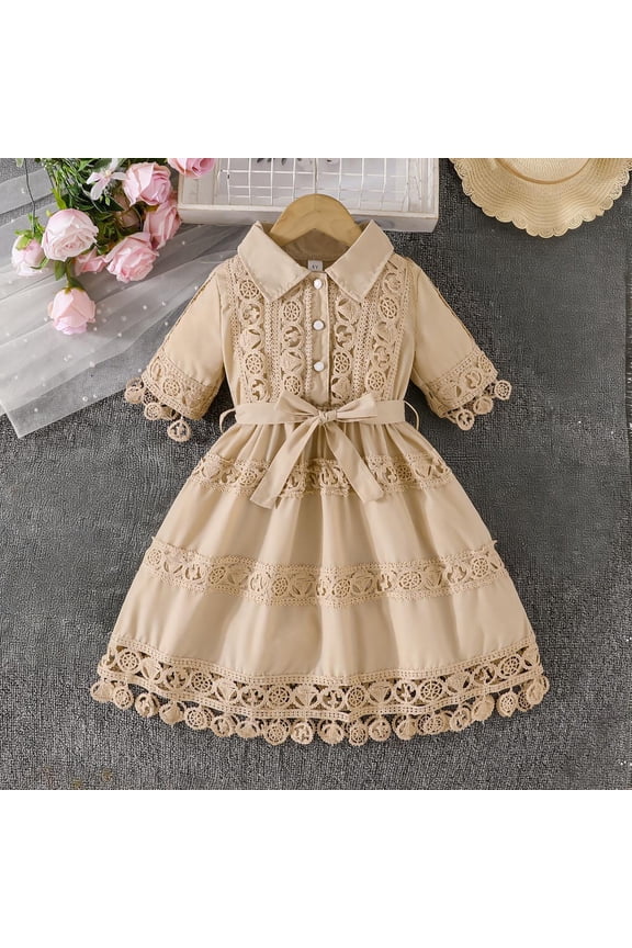 Girls Lace Dress Khaki Cotton Vintage Boho Party Dress with Bow Sash | Flower Girl Dress for Wedding Easter Pageant Neutral Kids,Size 7 T