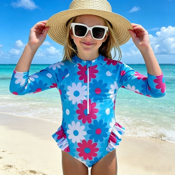 DAETIROS Girls Long Sleeve One Piece Swimsuit – Summer Zip Front Rash Guard Bathing Suit with High Cut Leg – UPF Sun Protective Swimwear
