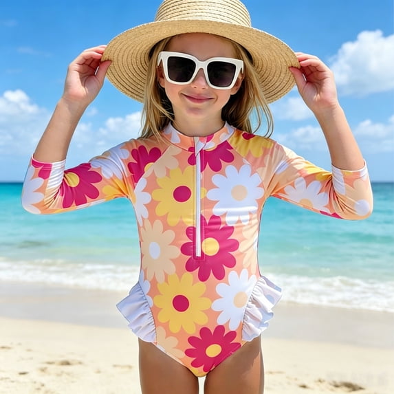 DAETIROS Girls Long Sleeve One Piece Swimsuit – Summer Zip Front Rash Guard Bathing Suit with High Cut Leg – UPF Sun Protective Swimwear