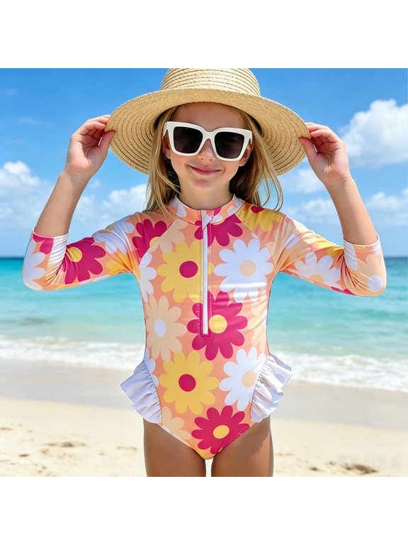 Girls Long Sleeve One Piece Swimsuit – Summer Zip Front Rash Guard Bathing Suit with High Cut Leg – UPF Sun Protective Swimwear