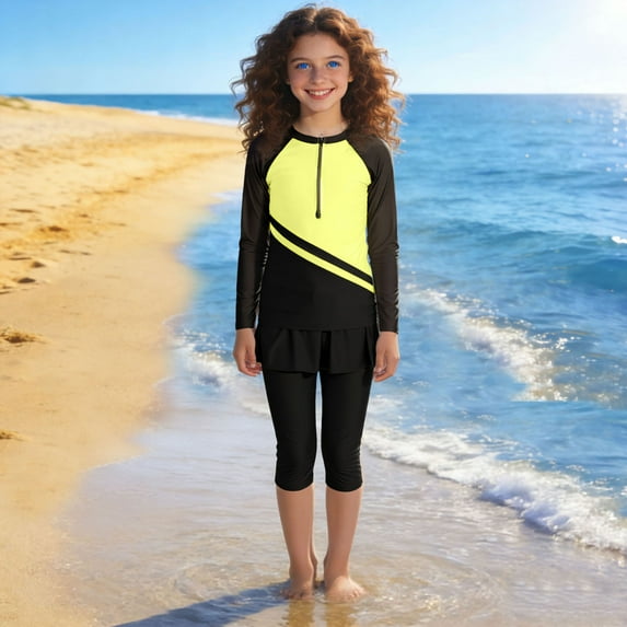 DAETIROS Girls Long Sleeve Rash Guard Swim Set UPF 50+ Sun Protection 3-Piece with Skirted Capris & Swim Cap Black, Size 2-3 T