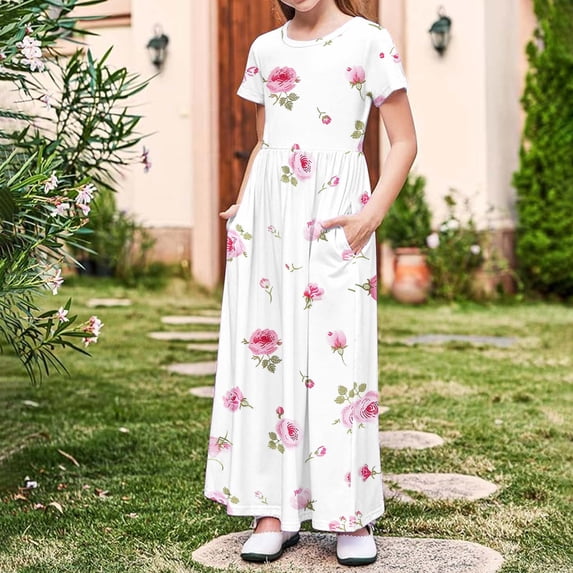 DAETIROS Girls Maxi Dress with Pockets Floral Short Sleeve White Long Casual Summer Soft Cotton Feel for Wedding Party 4-14 Years,Size 13 T