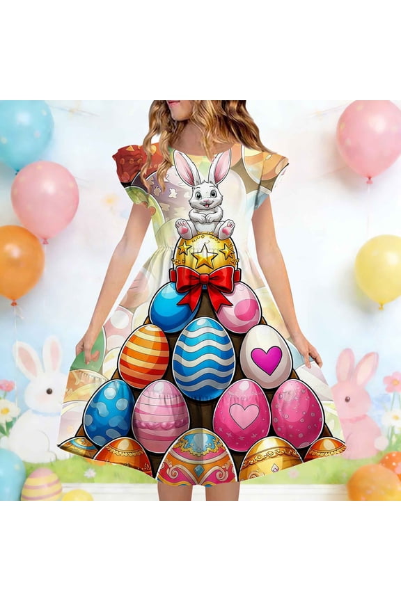 Girls Multicolor Bunny Print Dress 2026 Spring Flutter Sleeve Soft A-Line Party Outfit,Size 5 T