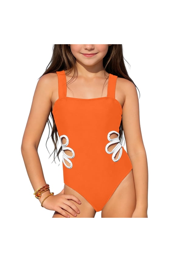 Girls One Piece Bathing Suit Orange, Quick Dry & Chlorine Resistant Kids Swimsuit with Side Cut Outs, Fashion Swimwear for Teens Sizes 6-14,Size 5-6T