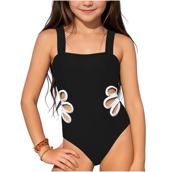 DAETIROS Girls One Piece Swimsuit Black, Quick Dry Chlorine Resistant Bathing Suit with Cut Out Sides for Kids 6-14 Years, Black 12 Years